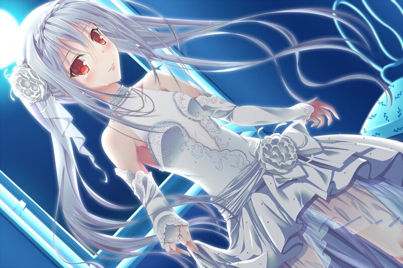 silver-haired girl in white dress