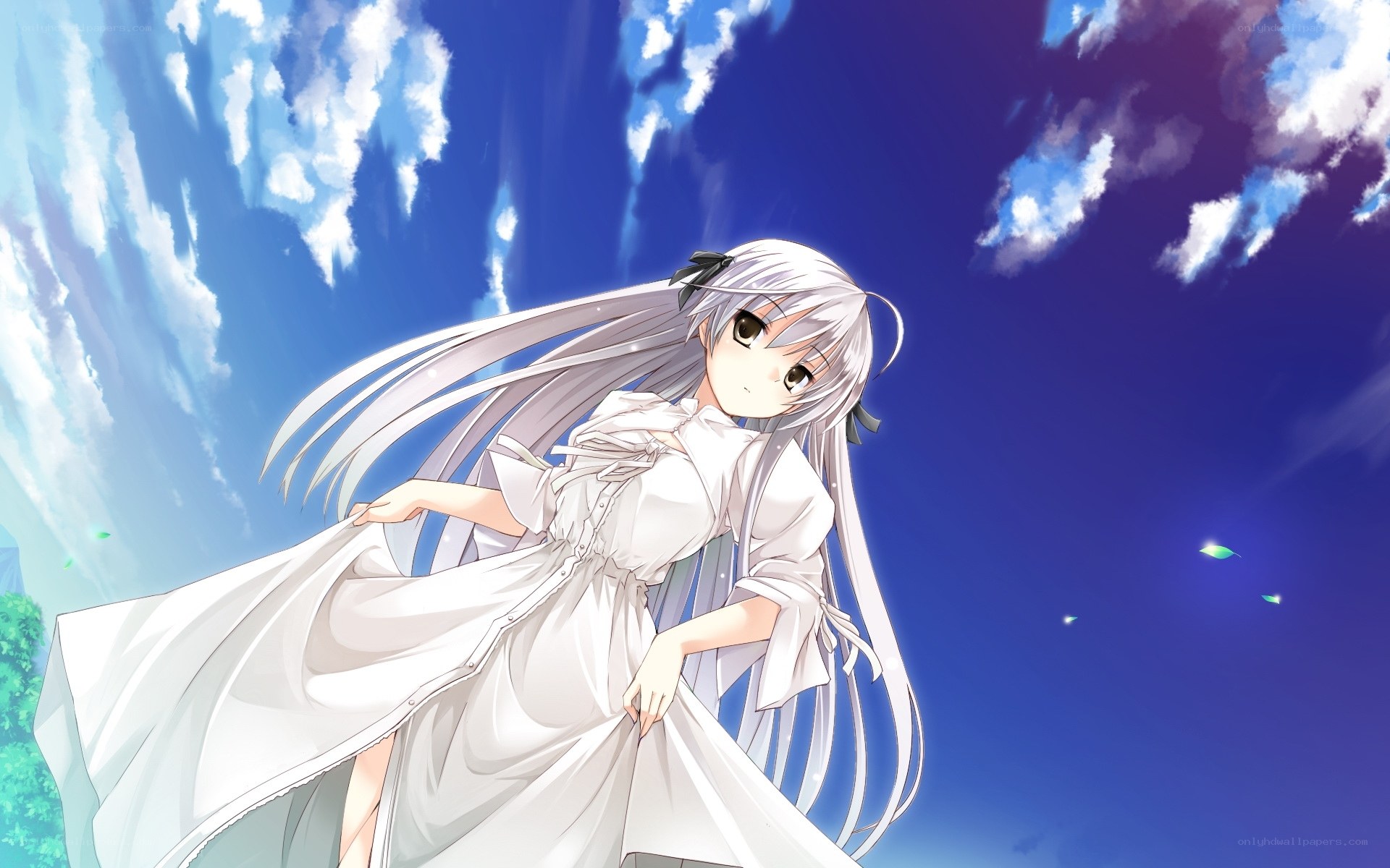 silver-haired girl in white dress