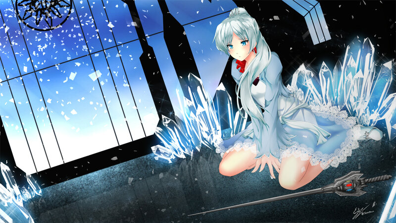 Silver-haired Girl Kneeling — Blue