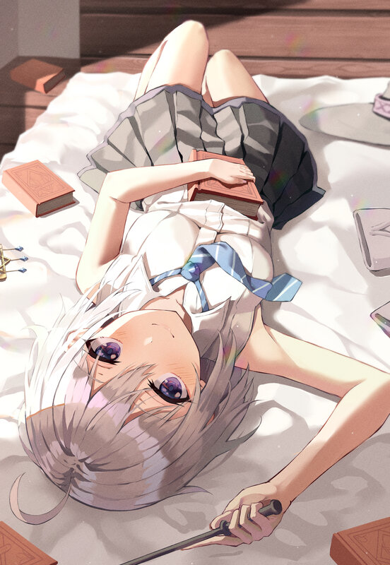 Silver-haired Girl Lying Down — White, Calm, Afternoon