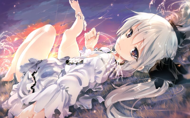 Silver-haired Girl Lying — White, Dramatic, Sunset