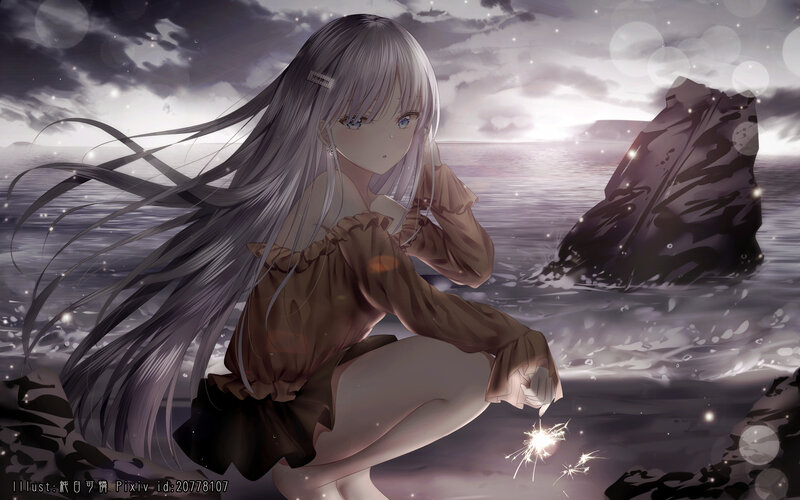 Silver-haired Girl on Beach — Gray