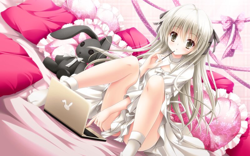 Silver-haired Girl on Bed — Pink