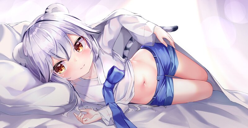 Silver-haired Girl on Bed — White, Calm