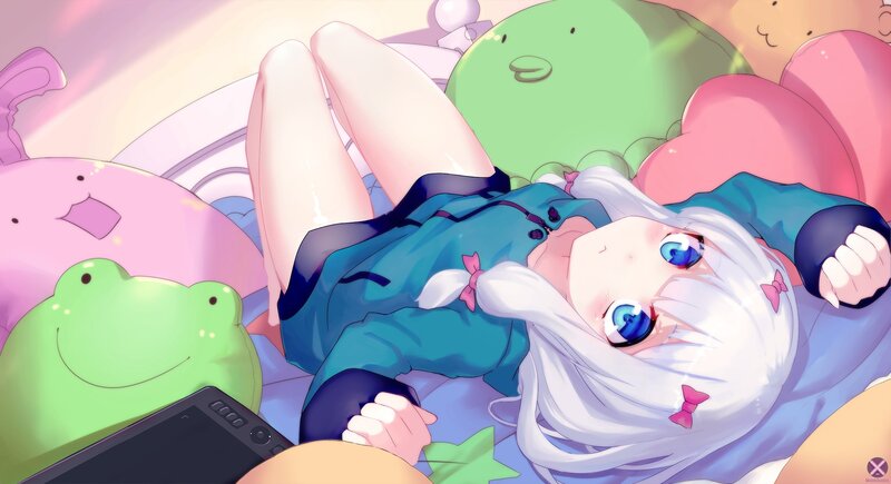 Silver-haired Girl on Bed — White, Relaxed, Morning