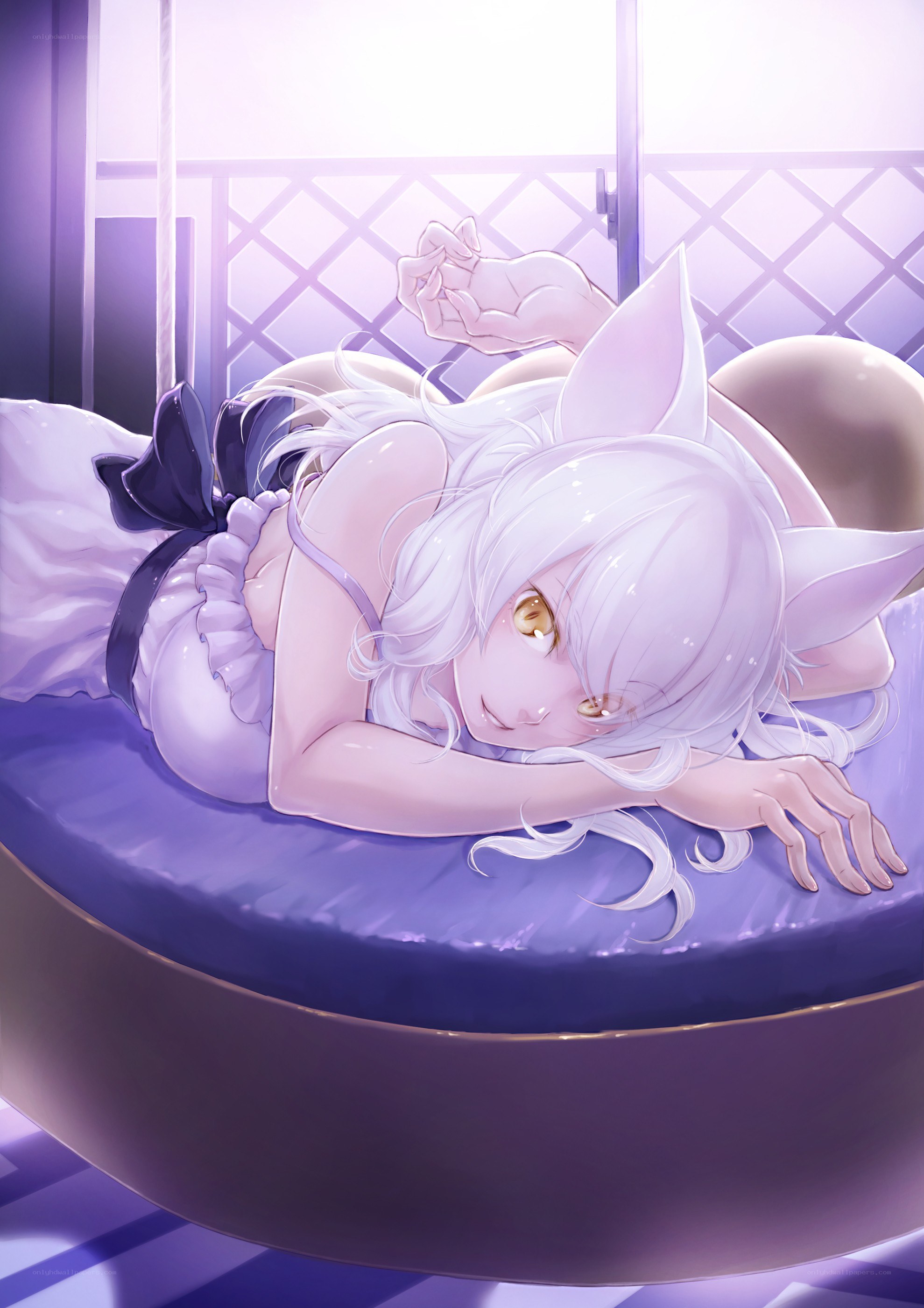 silver-haired girl on bed