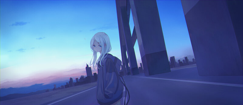 Silver-haired Girl on Bridge — Blue, Serene