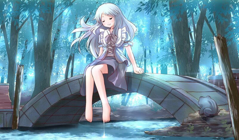 Silver-haired Girl on Bridge — Blue