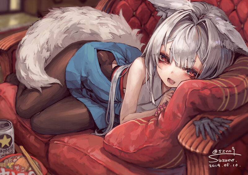 Silver-haired Girl on Couch — Red