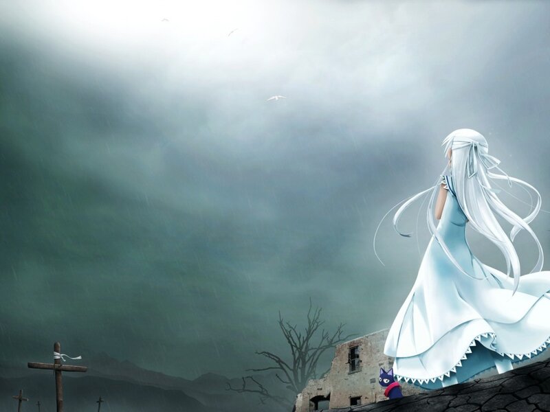 Silver-haired Girl on Roof — White