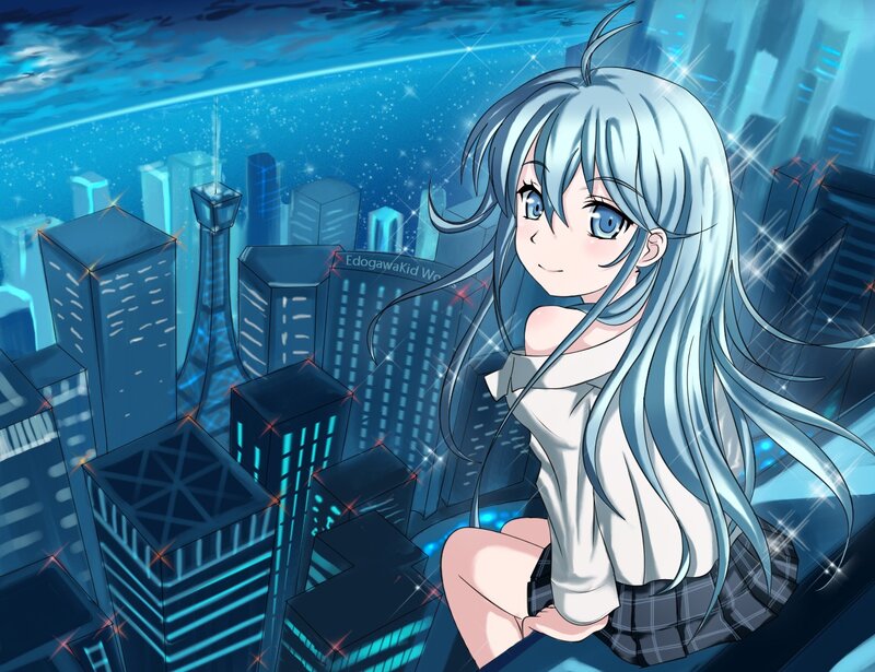 Silver-haired Girl on Rooftop — Blue