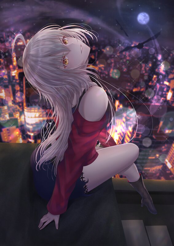 Silver-haired Girl on Rooftop — Purple