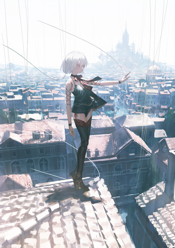 Silver-haired Girl on Rooftop — White