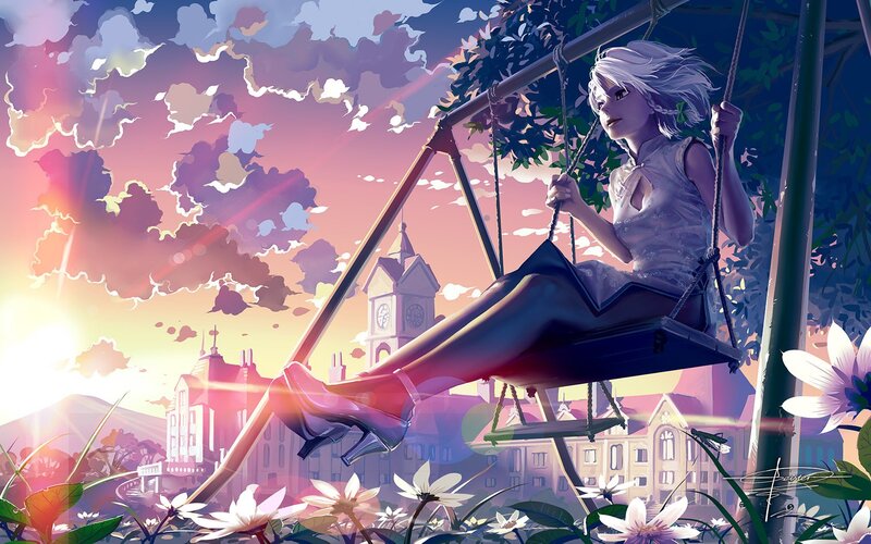 Silver-haired Girl on Swing — Purple