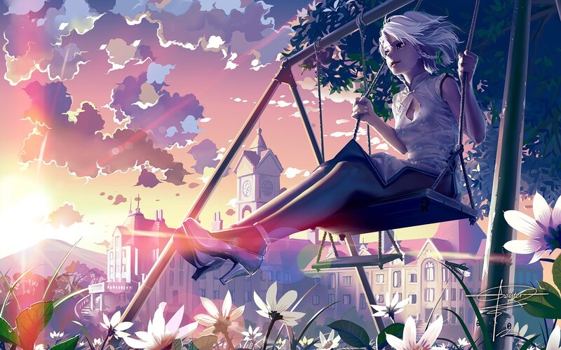 Silver-haired Girl on Swing