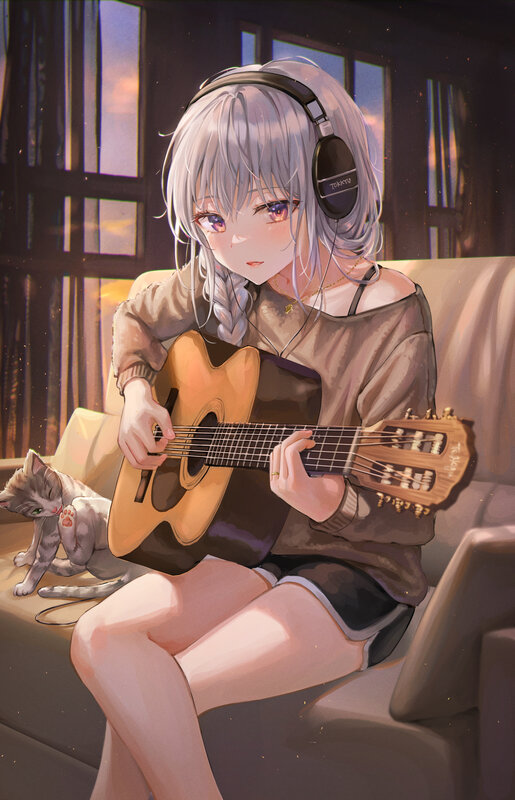 Silver-haired Girl Playing Guitar