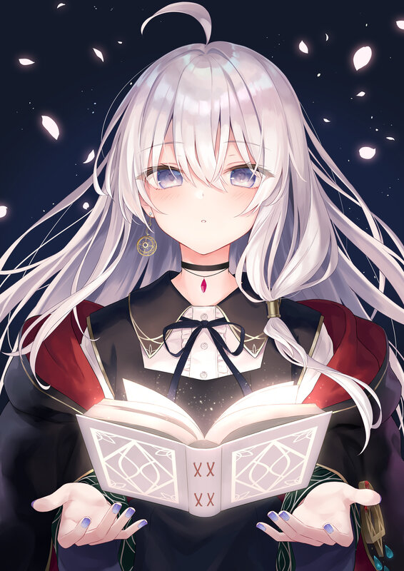 Silver-haired Girl Reading Book — White