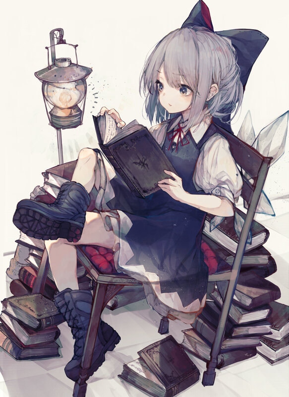 Silver-haired Girl Reading — Gray, Calm, Anime
