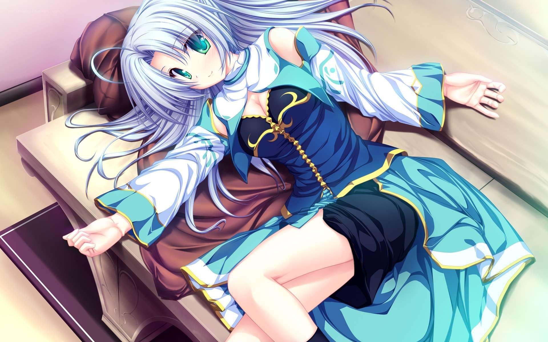 silver-haired girl resting on couch