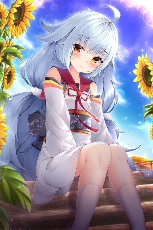 Silver-haired Girl Sitting — Blue, Serene, Afternoon