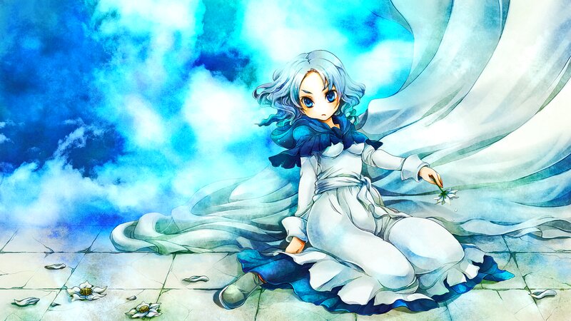 Silver-haired Girl Sitting — Blue, Serene, Anime