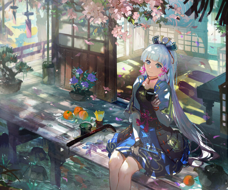 Silver-haired Girl Sitting — Blue, Serene, Spring