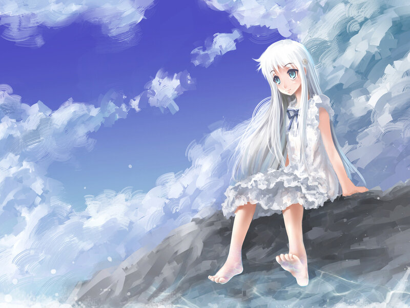 Silver-haired Girl Sitting — Blue, Serene