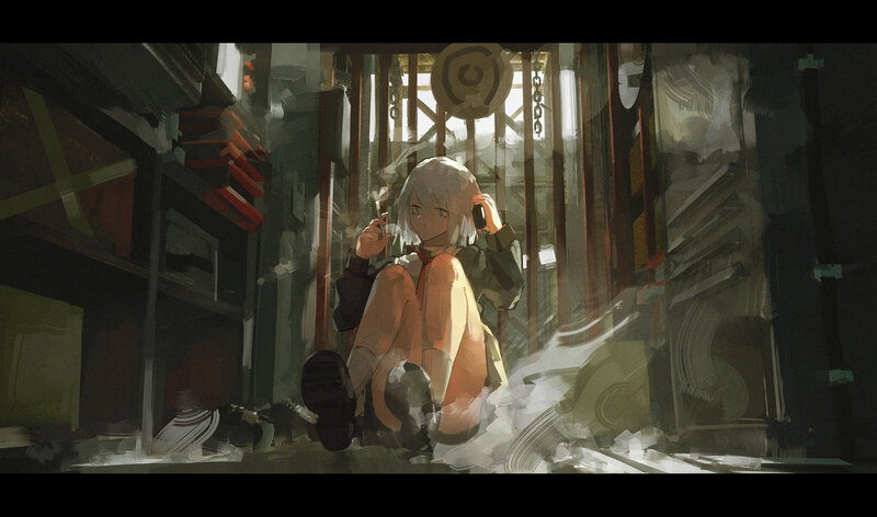 Silver-haired Girl Sitting — Gray, Dramatic, Digital Art