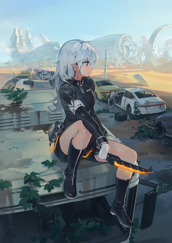 Silver-haired Girl Sitting — Gray, Dramatic