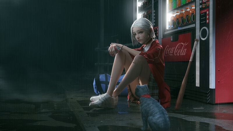 Silver-haired Girl Sitting — Gray, Melancholic