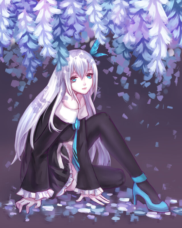 Silver-haired Girl Sitting — Purple, Calm