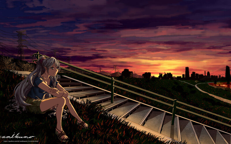 Silver-haired Girl Sitting — Purple, Dramatic
