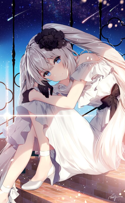 Silver-haired Girl Sitting — White, Serene, Night