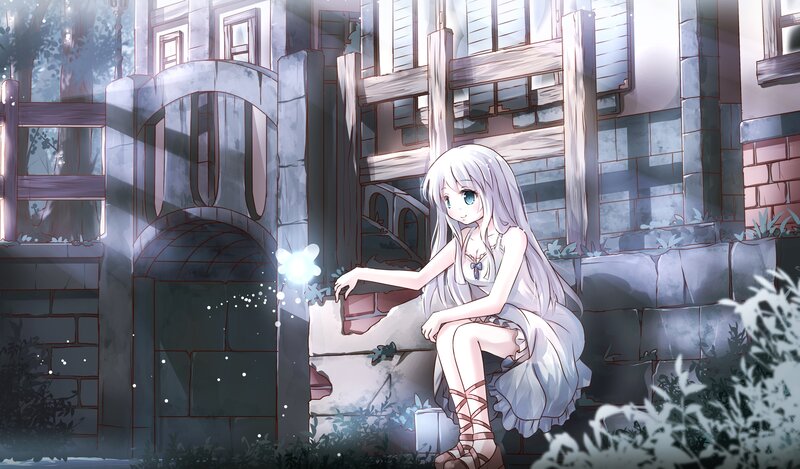 Silver-haired Girl Sitting — White, Serene