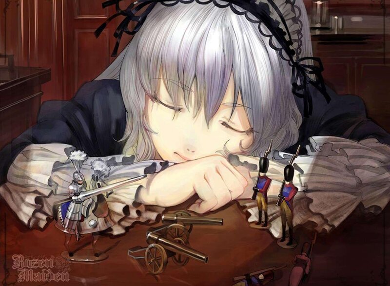 silver-haired girl sleeping with toys