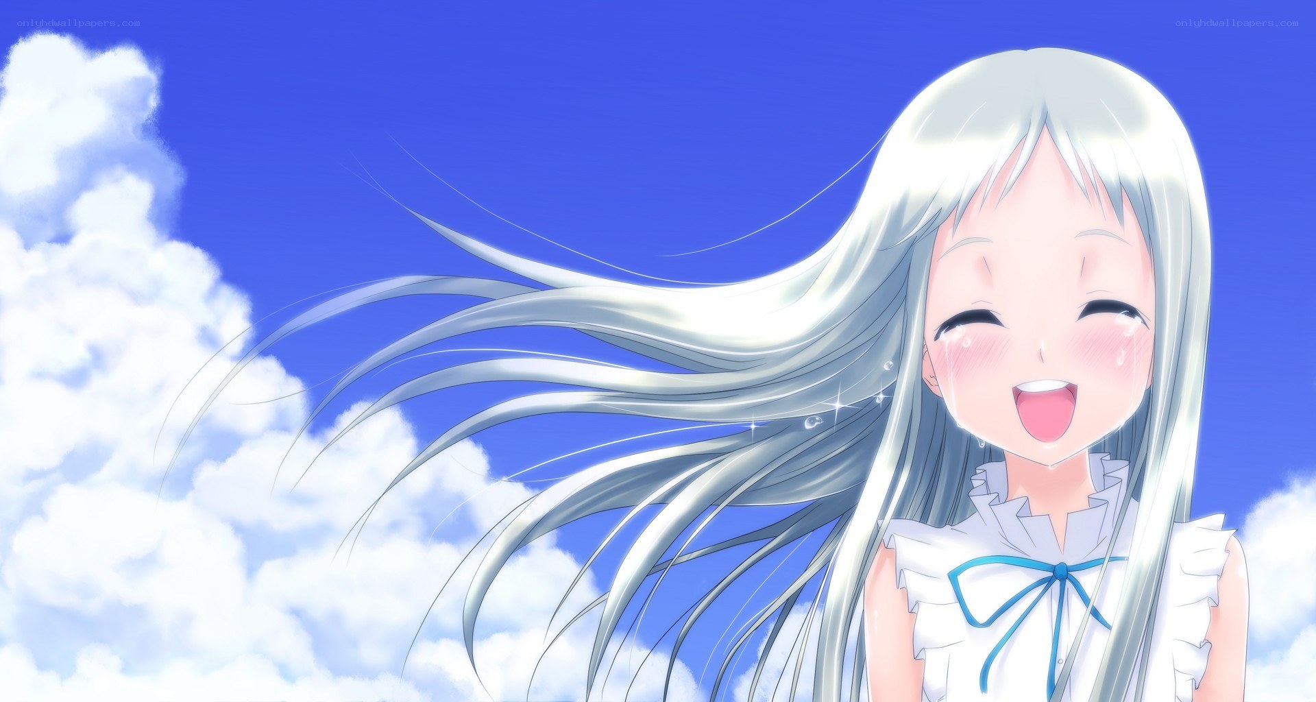 silver-haired girl smiling in sky