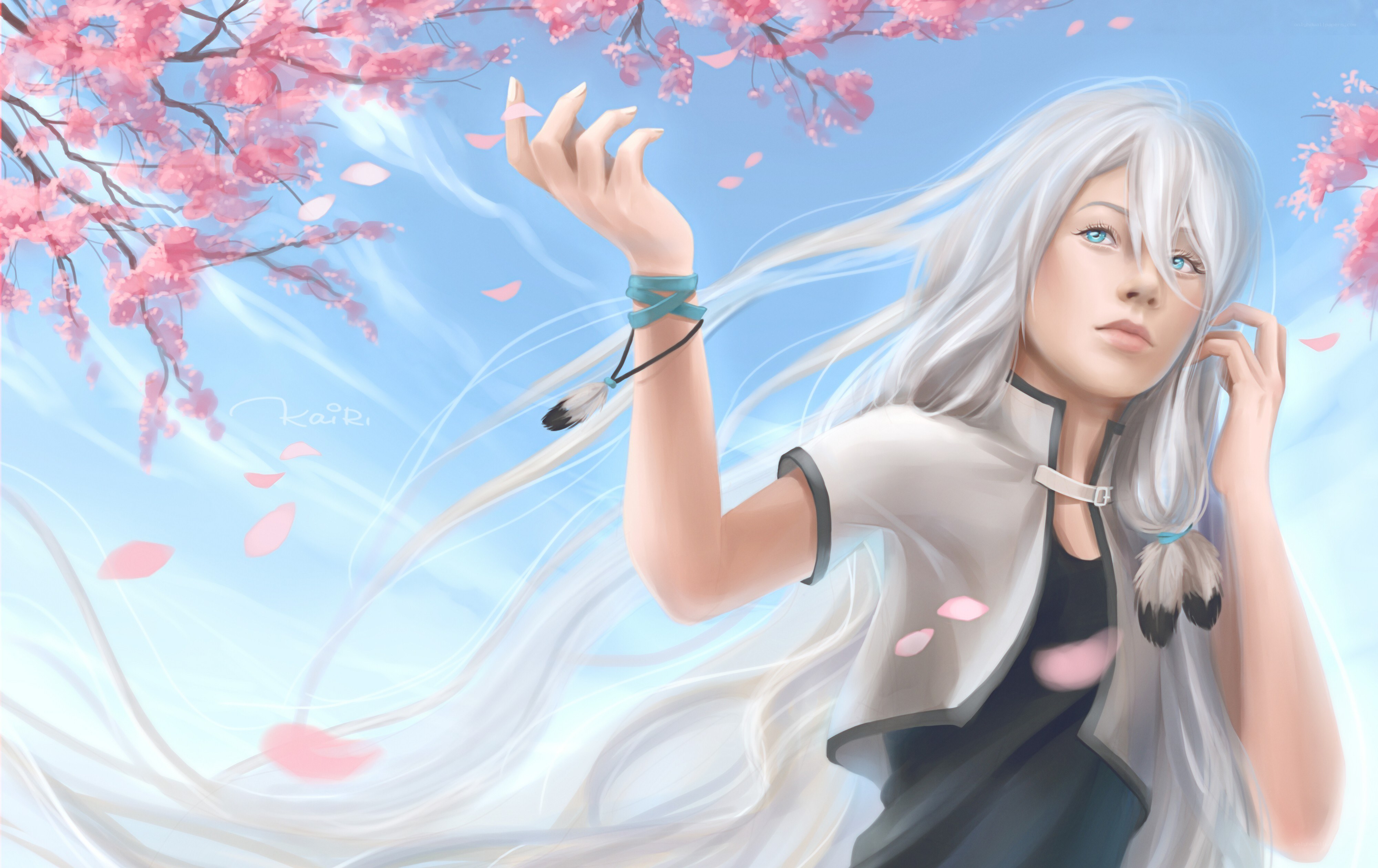 silver-haired girl under cherry blossoms