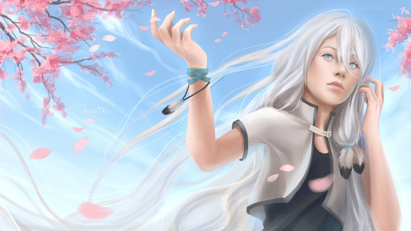 silver-haired girl under cherry blossoms