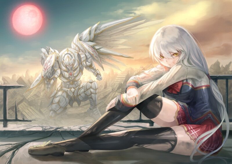 Silver-haired girl with angelic warrior