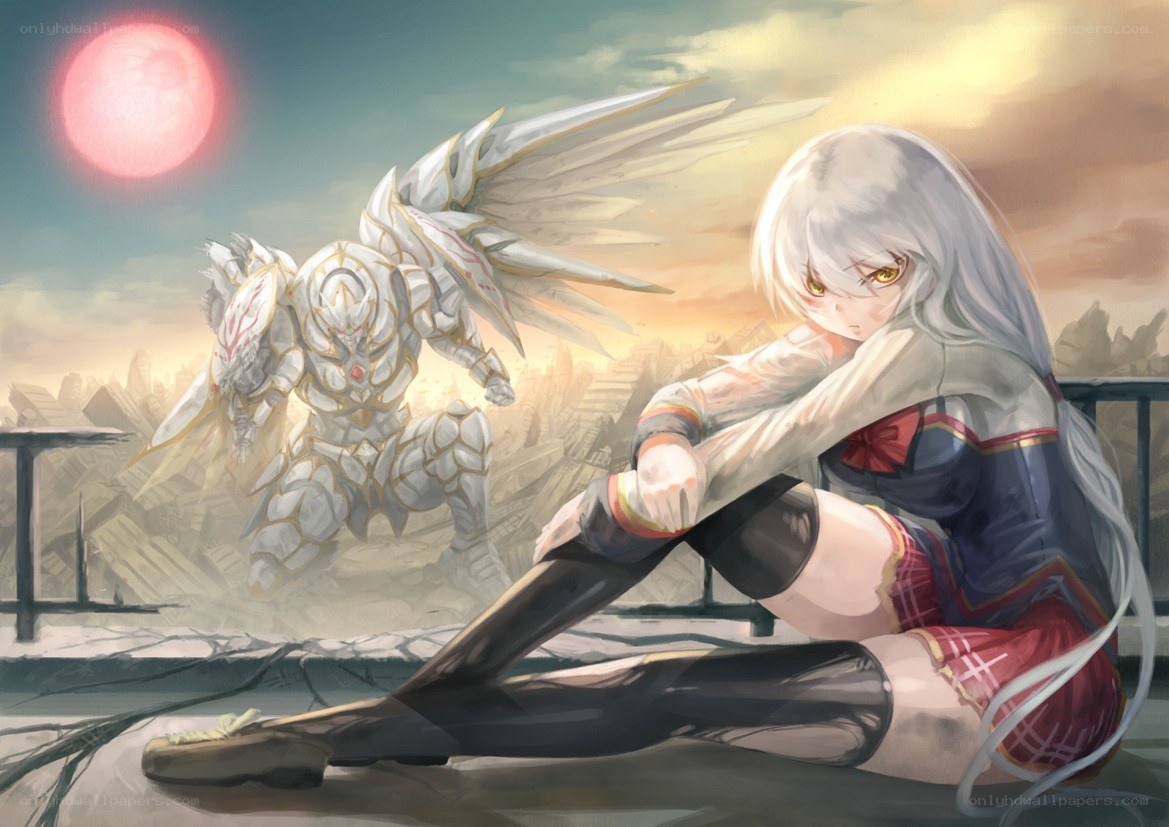 Silver-haired girl with angelic warrior