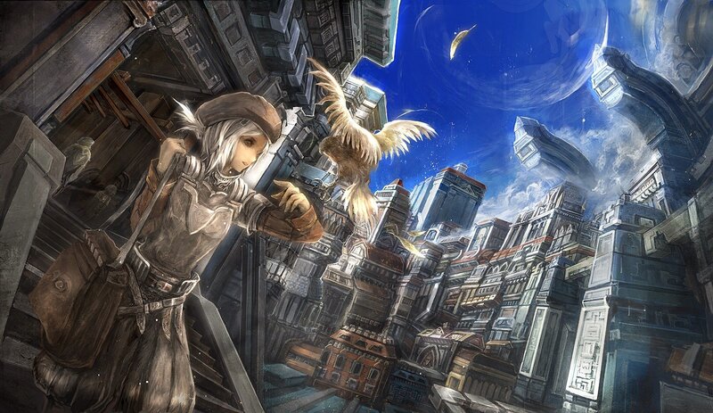 Silver-haired Girl with Bird — Blue, Dramatic