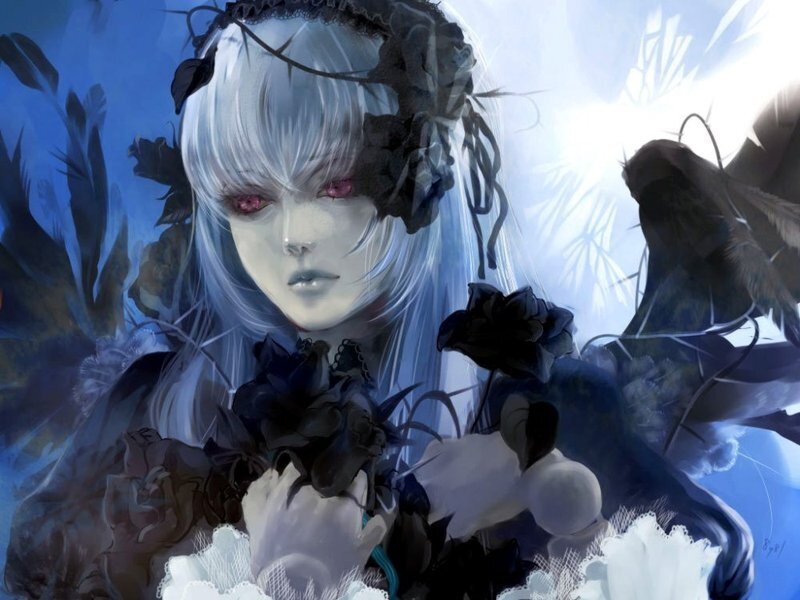 silver-haired girl with black roses
