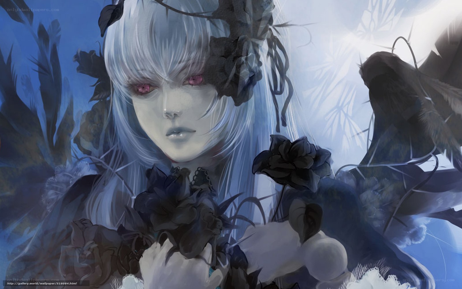 silver-haired girl with black roses
