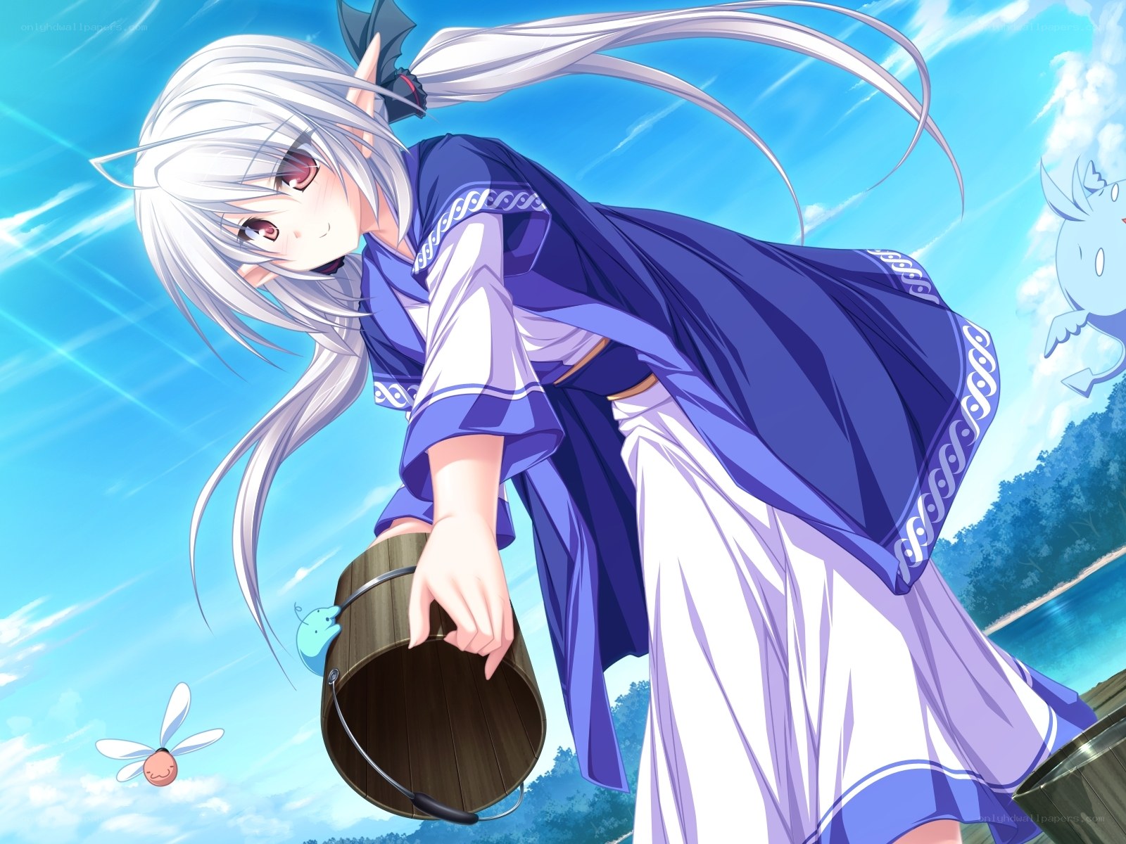 silver-haired girl with bucket