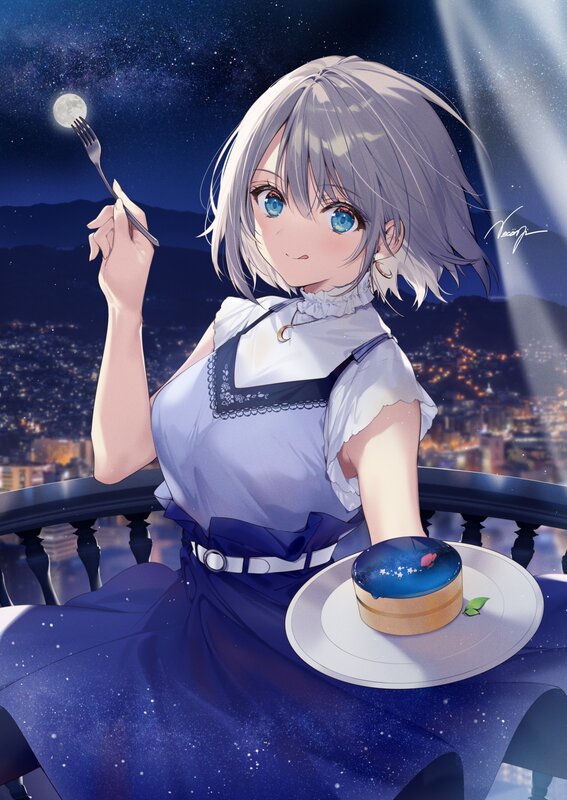 Silver-haired Girl with Cake — Blue