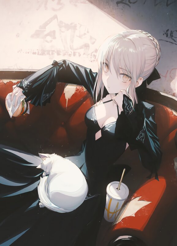 Silver-haired Girl with Cat — Black
