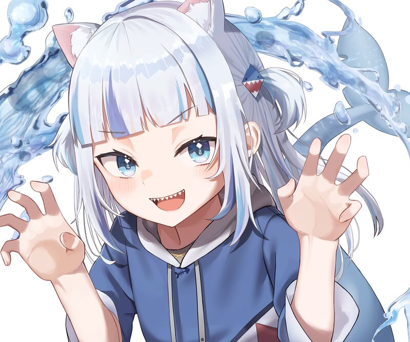 Silver-haired Girl with Cat Ears — Blue, Playful, Anime, Cat Ears