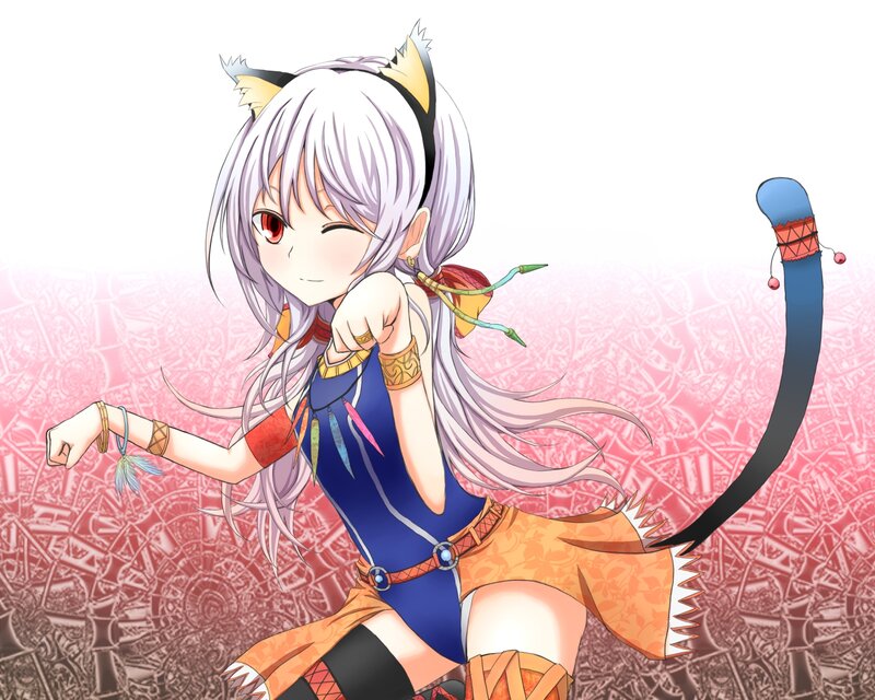 Silver-haired Girl with Cat Ears — Blue, Playful