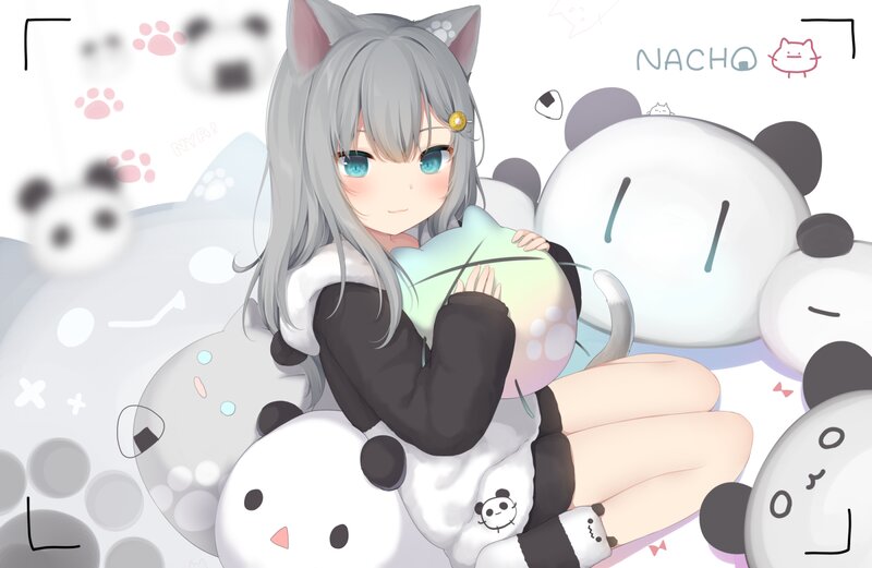 Silver-haired Girl with Cat Ears — Gray, Cute