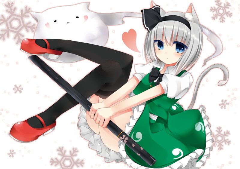 Silver-haired Girl with Cat Ears — Green, Playful